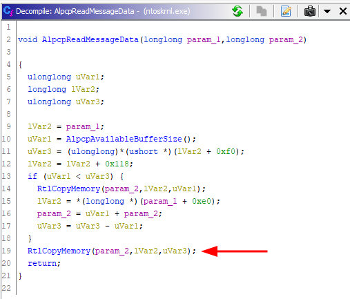 Decompiled Function: AlpcpReadMessageData (Ghidra)