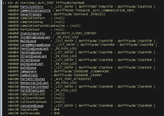 WinDbg filled ALPCPort structure 2